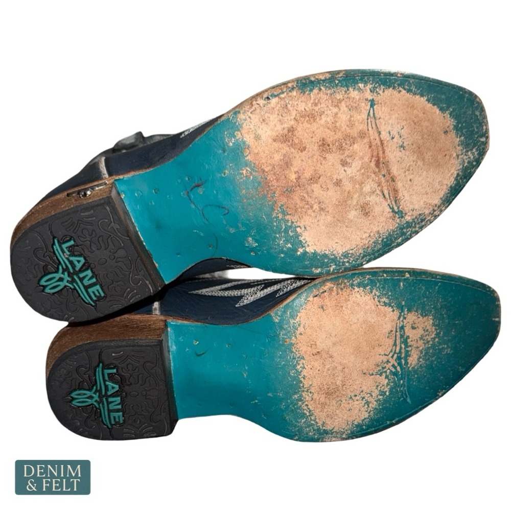 Lane Midnight‎ Blue Distressed Western Booties Snip Toe Embroidered Leather 7.5B - Picture 10 of 12
